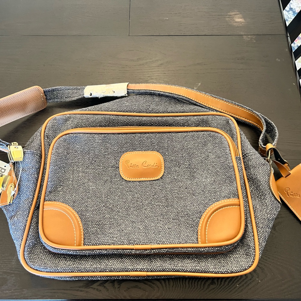 Pierre Cardin Gray and Tan Messenger Bag with Retro Design
